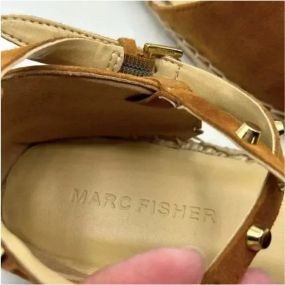 Marc Fisher Maci Stud Ballerina Espadrilles Ankle Strap Flats Brown Suede 9.5